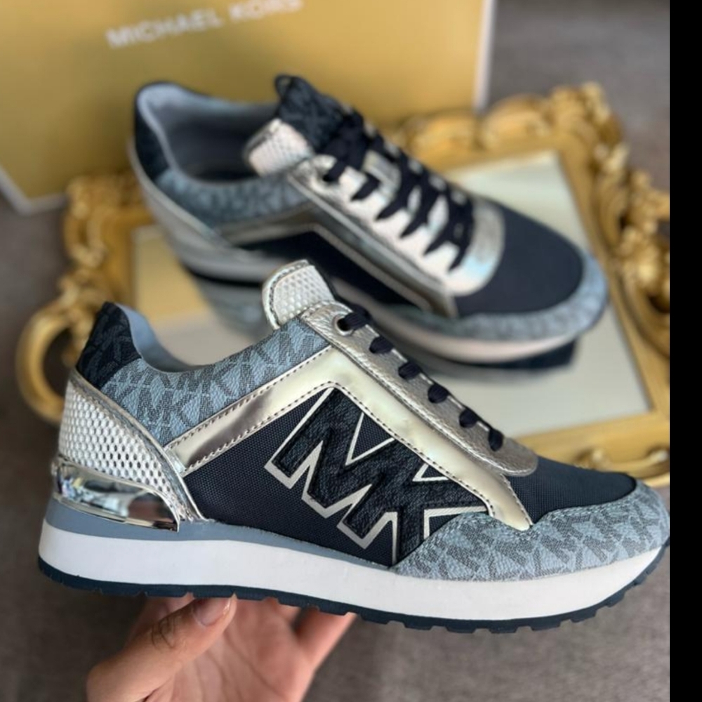 NWT Rare!💙 Michael Kors Trainers Blue Metallic Silver Leather Sneakers Trainers